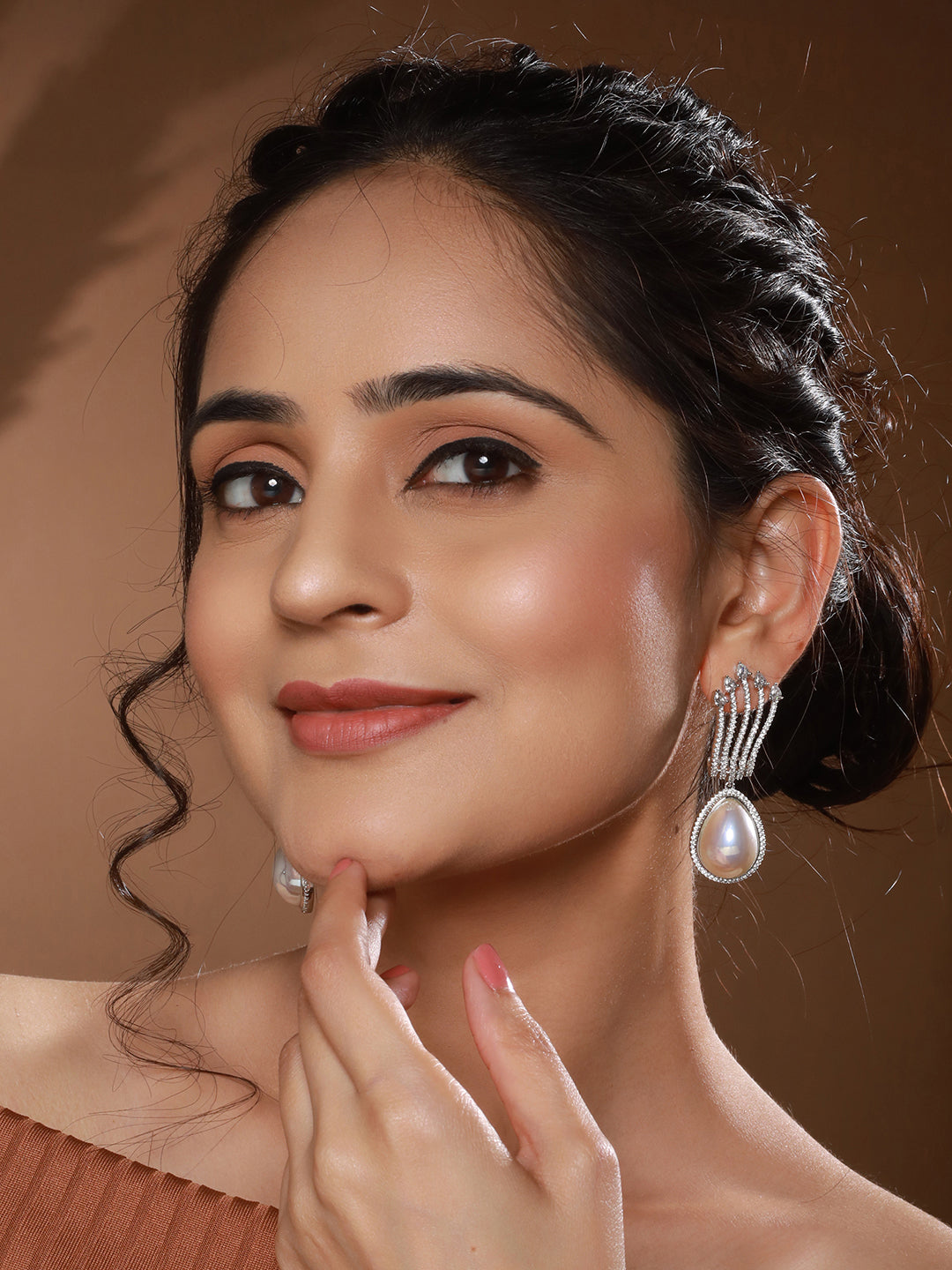 Silver Plated AD Studded  & Pearl Contemporary Hoop Bali  Earrings